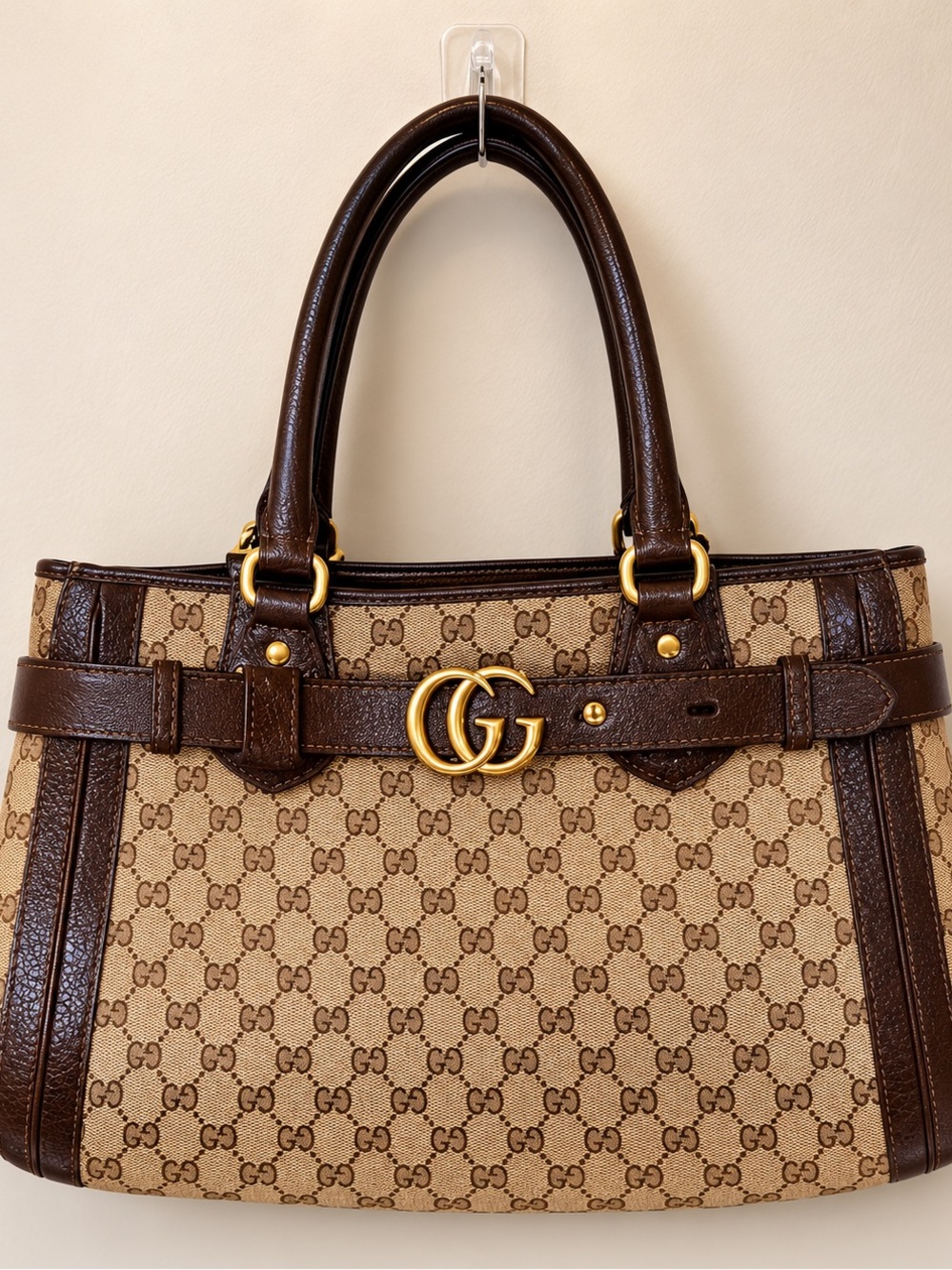 Authentic Gucci GG Canvas Abbey Tote Bag Brown Leather Double G Shoulder Bag